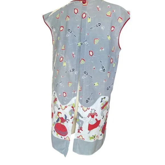 950s Cotton Apron With Folk Art Italian Style Dance Music Print  Red Trim VTG - Picture 6 of 16